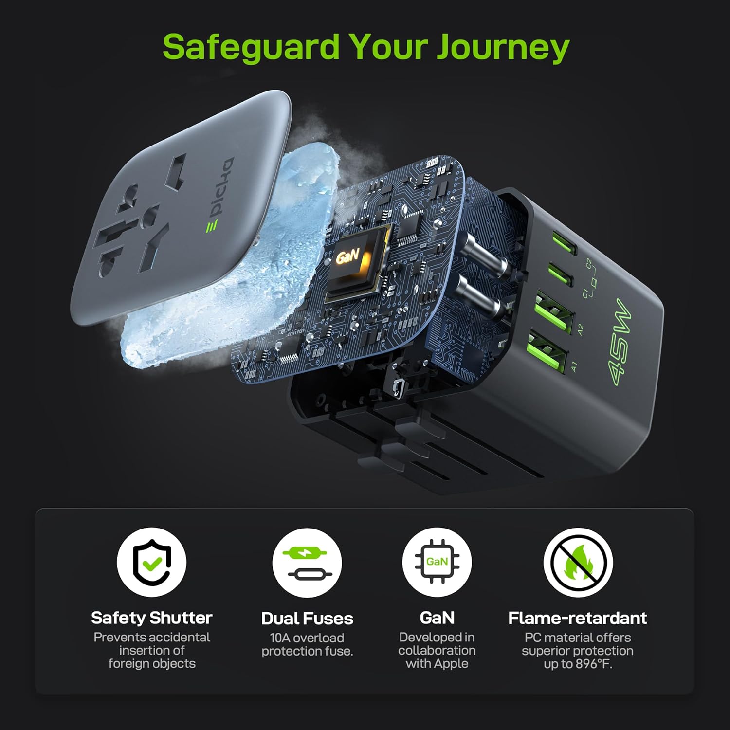 EPICKA Pulse 45W European Travel Plug Adapter, Universal Power Adapter with PD Fast Charging, 5-Port (1 AC/2 USB-A/2 USB-C) International Charger Adapter for Europe, Japan - Travel Essentials (Black) - Image 5