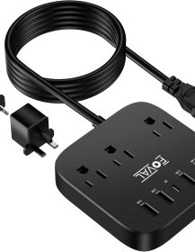 European Travel Plug Adapter, FOVAL EU UK US Power Strip with USB C and 4 USB Ports, 3 AC Outlets, Wall Mountable, 5ft Extension Cord, Compact for Travel, Cruise Ship, Home Office (Black)