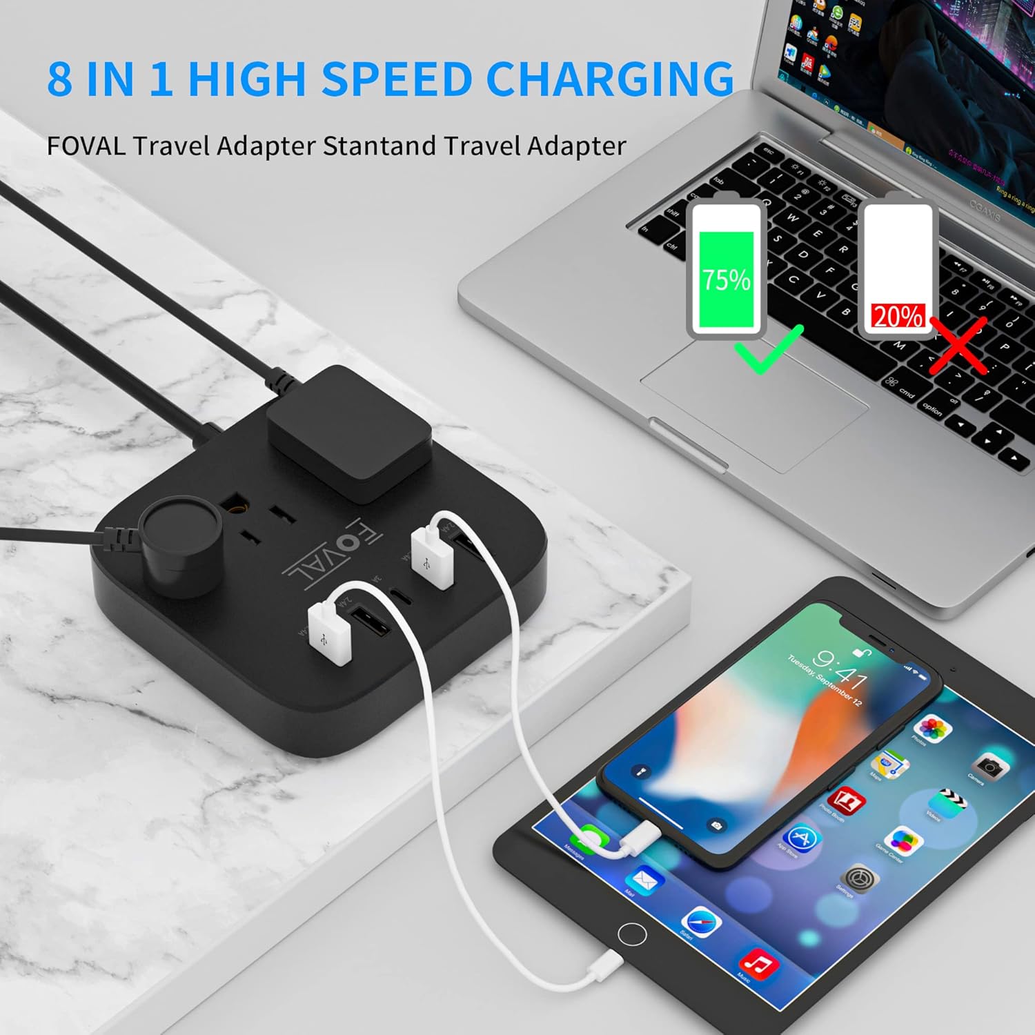 European Travel Plug Adapter, FOVAL EU UK US Power Strip with USB C and 4 USB Ports, 3 AC Outlets, Wall Mountable, 5ft Extension Cord, Compact for Travel, Cruise Ship, Home Office (Black) - Image 2