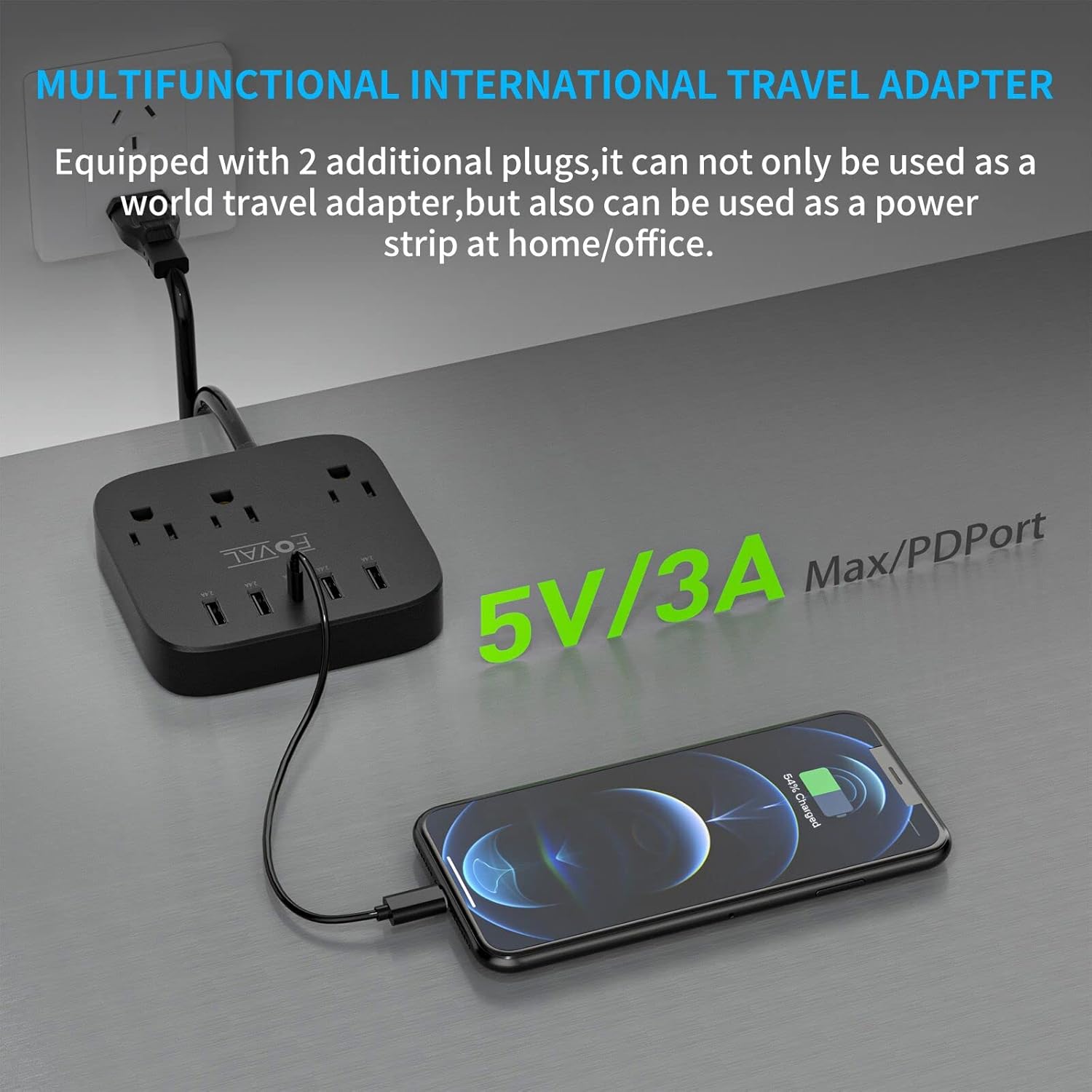 European Travel Plug Adapter, FOVAL EU UK US Power Strip with USB C and 4 USB Ports, 3 AC Outlets, Wall Mountable, 5ft Extension Cord, Compact for Travel, Cruise Ship, Home Office (Black) - Image 5